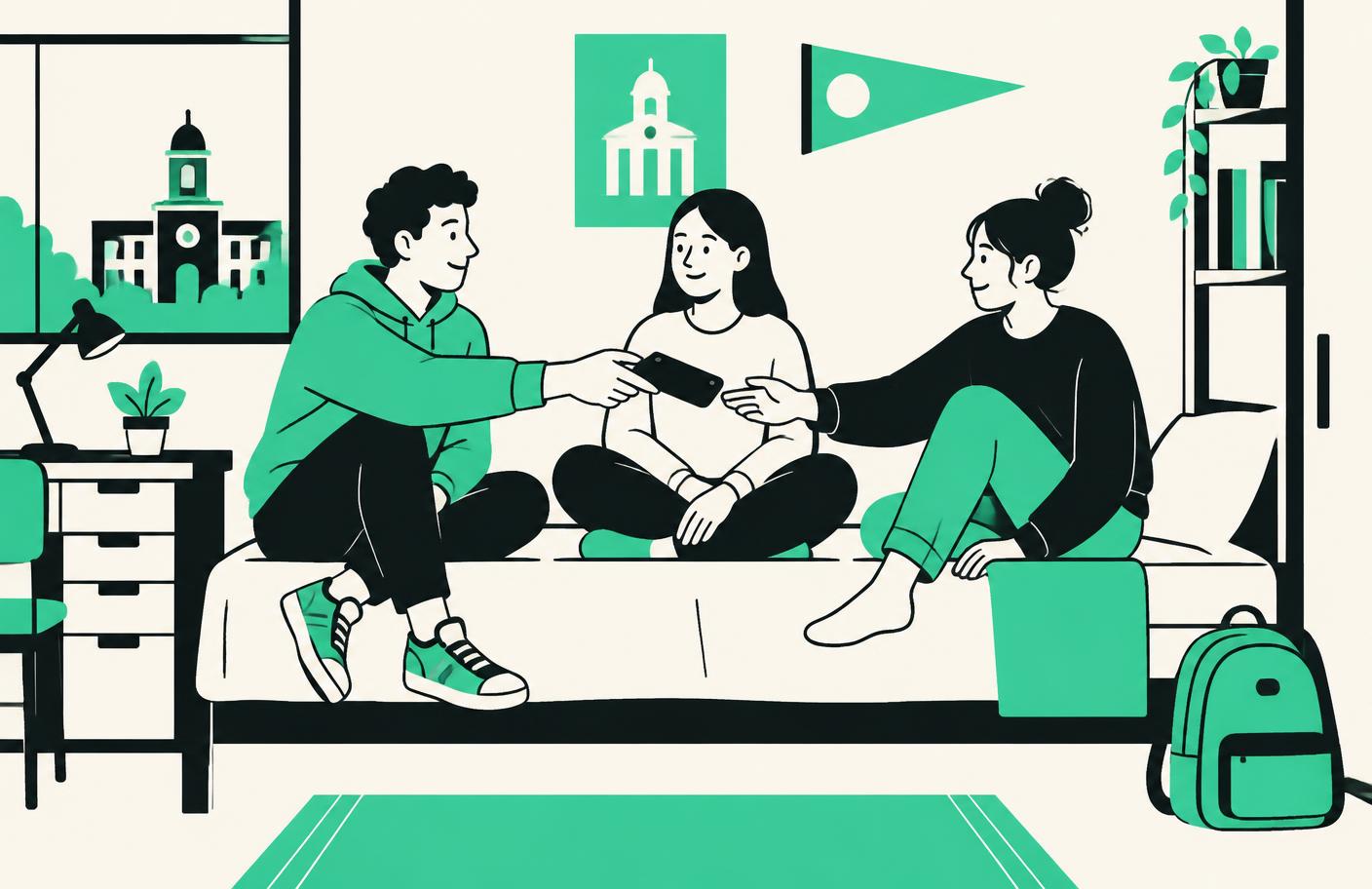 College students sitting together in a dorm room looking at a phone