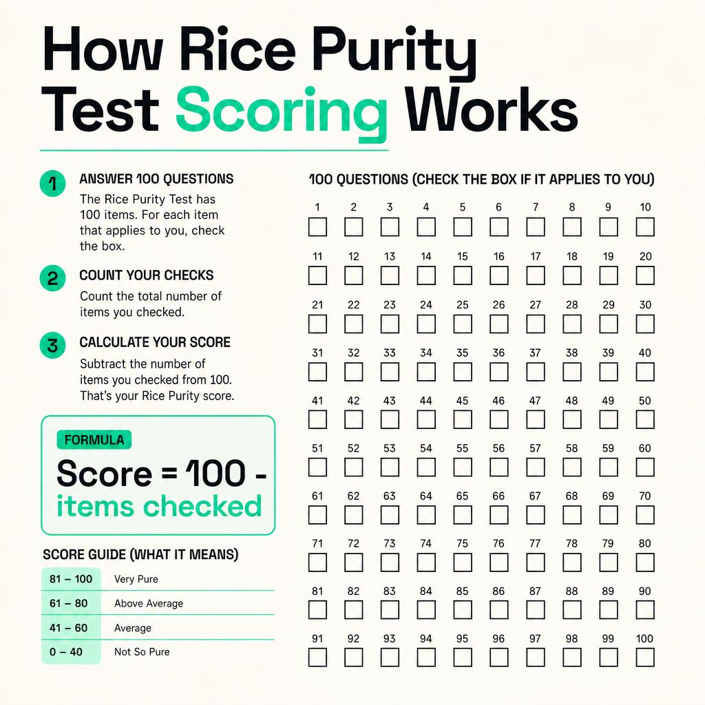 Infographic showing the formula Score equals 100 minus items checked