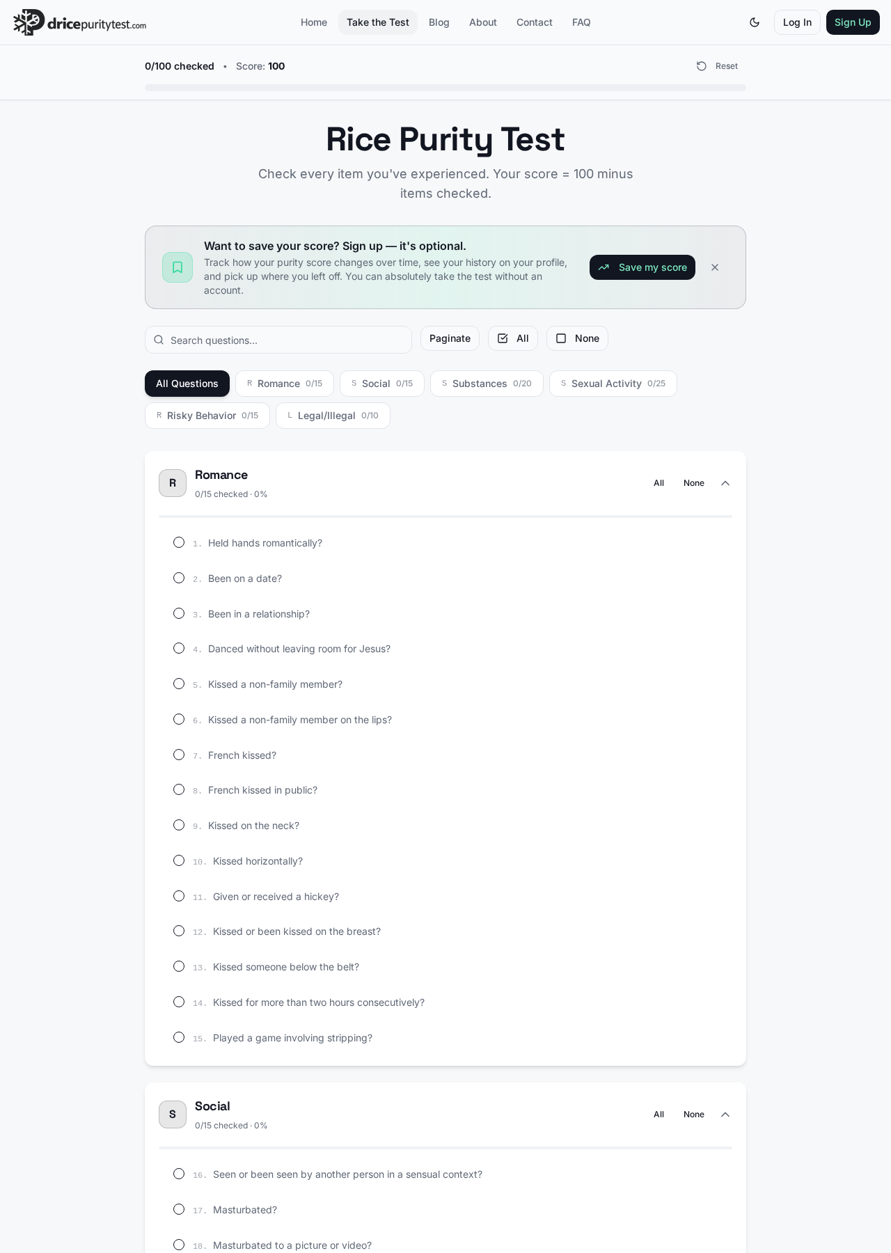 Screenshot of the Rice Purity Test interface with 100 questions grouped by category